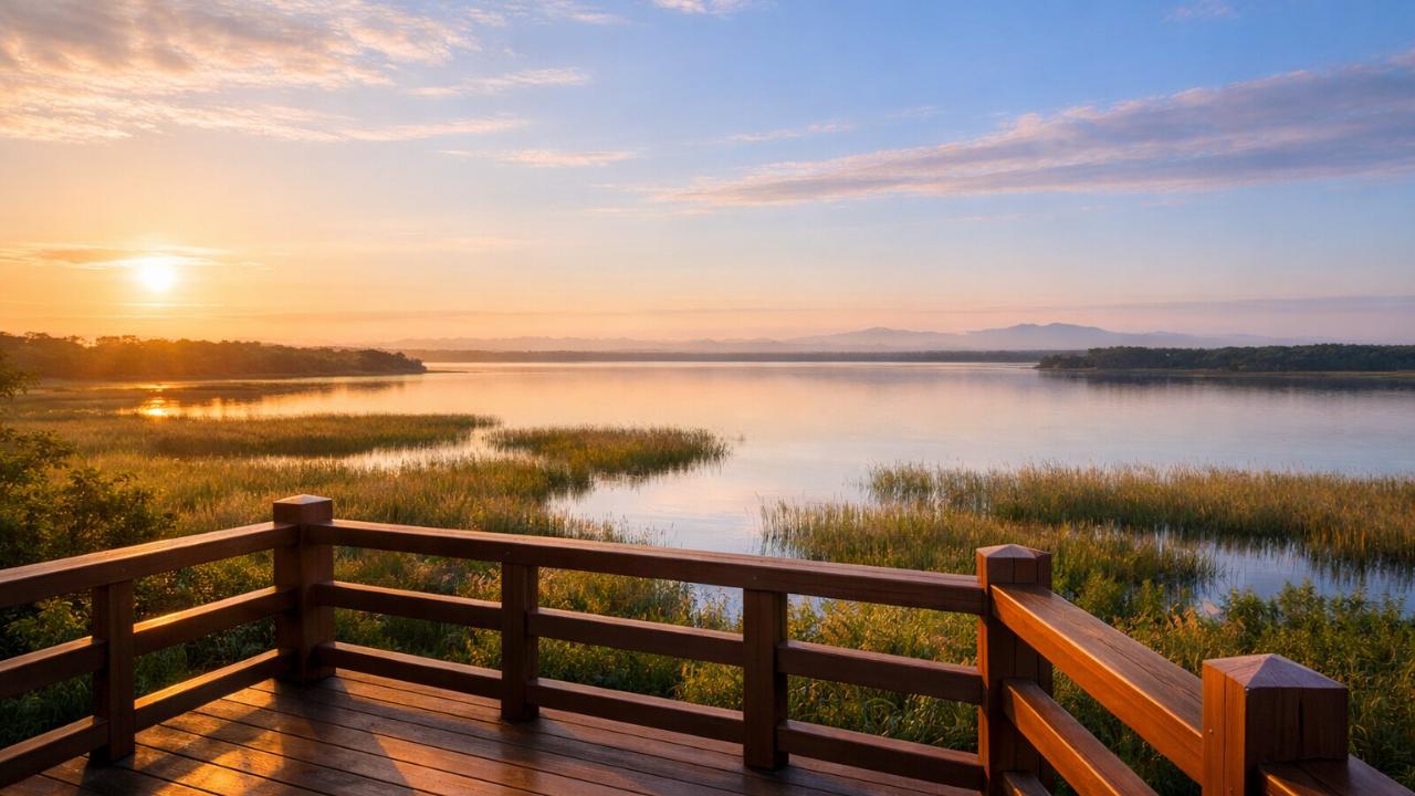 北海道苫小牧市のウトナイ湖を見渡す展望デッキ、広い空、湿地、やわらかな朝の光、旅行ブログのアイキャッチ向け