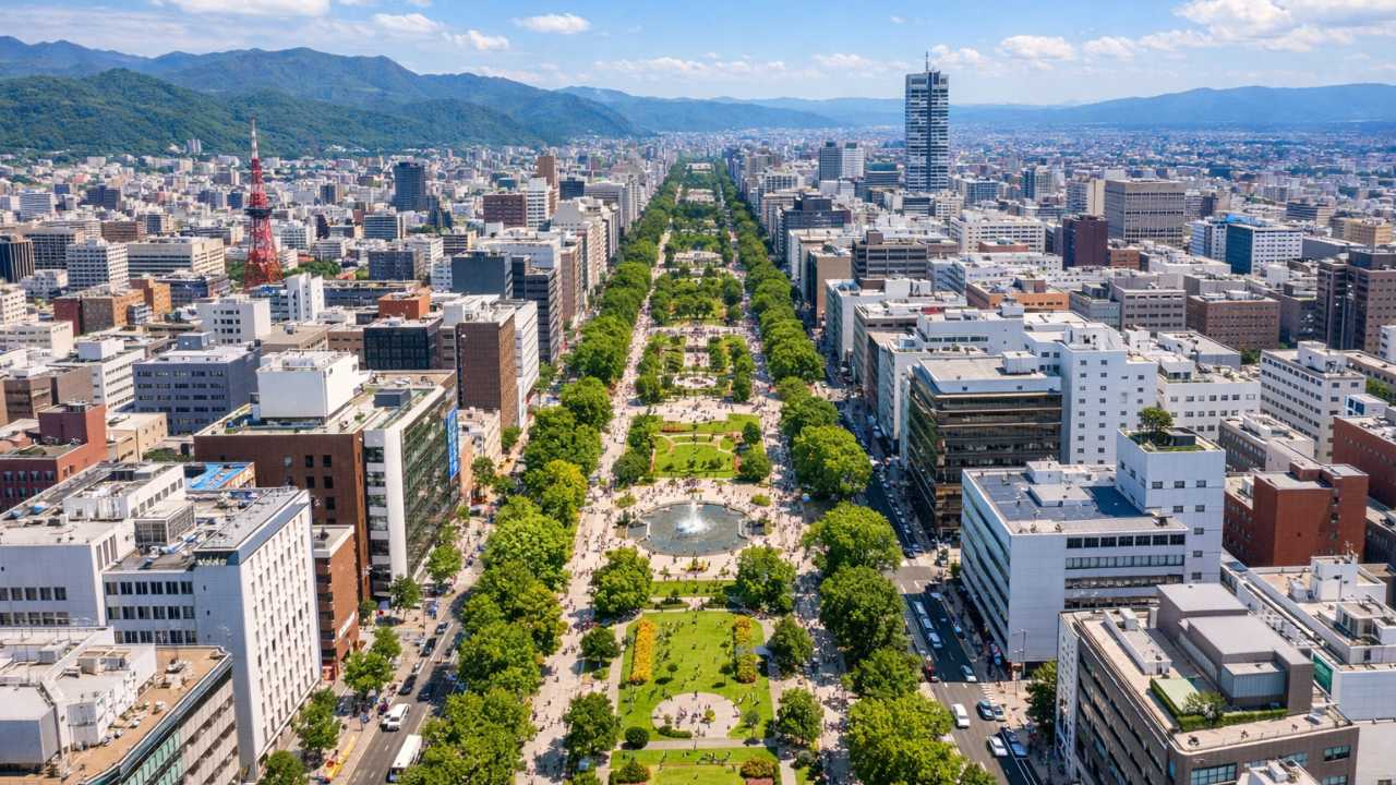 札幌中心部の大通公園を上空から見た俯瞰風景。中央に長く伸びる公園、その両側に碁盤の目状に整った道路とビル群