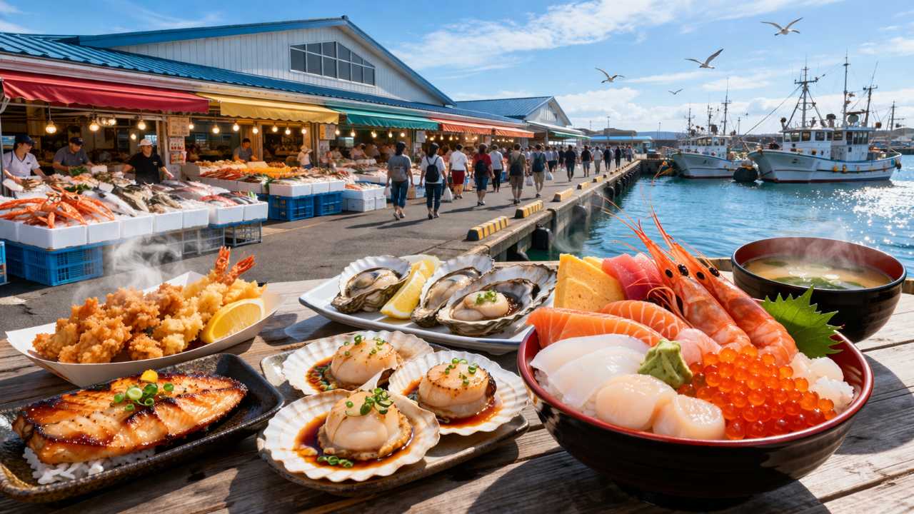 苫小牧の港町らしい市場の雰囲気、海の駅ぷらっとみなと市場の外観と海鮮グルメのイメージ