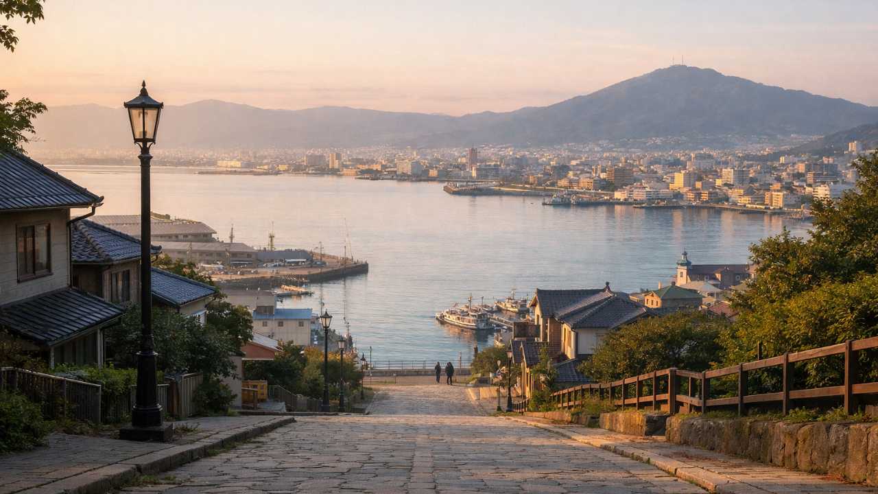 函館の地元民しか知らない穴場を表現する旅行ブログのメインビジュアル。早朝のやわらかい光の中、港を見下ろす坂道の先に海が広がり、遠景に函館らしい街並み