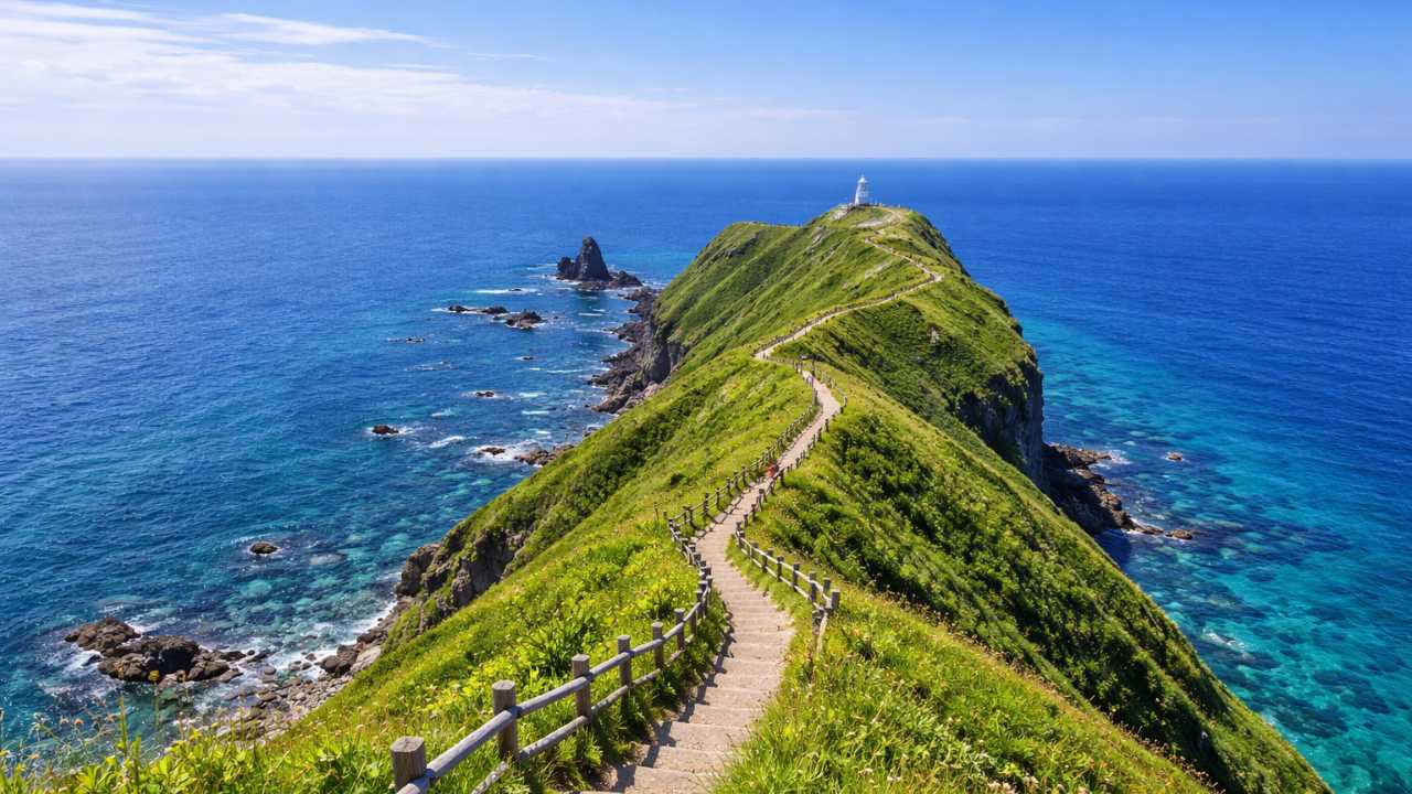 北海道積丹半島の神威岬、晴天、積丹ブルーの海、細長い岬の稜線に続く遊歩道