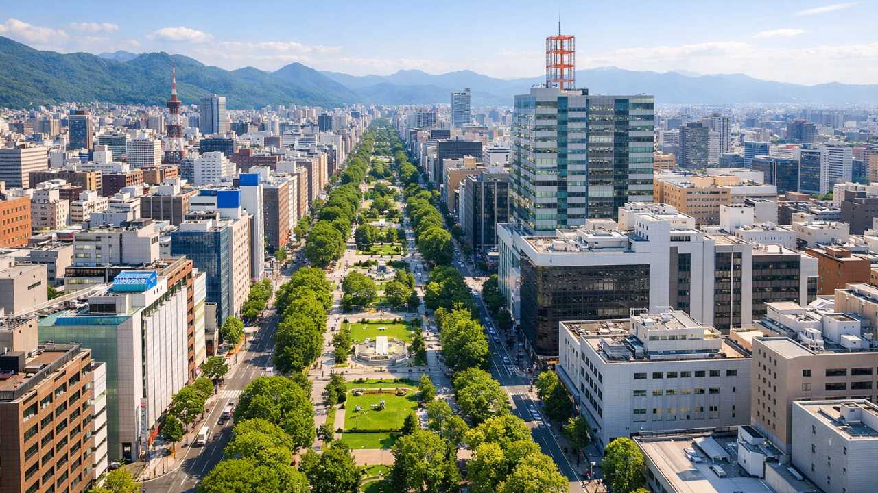 札幌中心部の碁盤の目状の街並みを高所から見下ろした風景