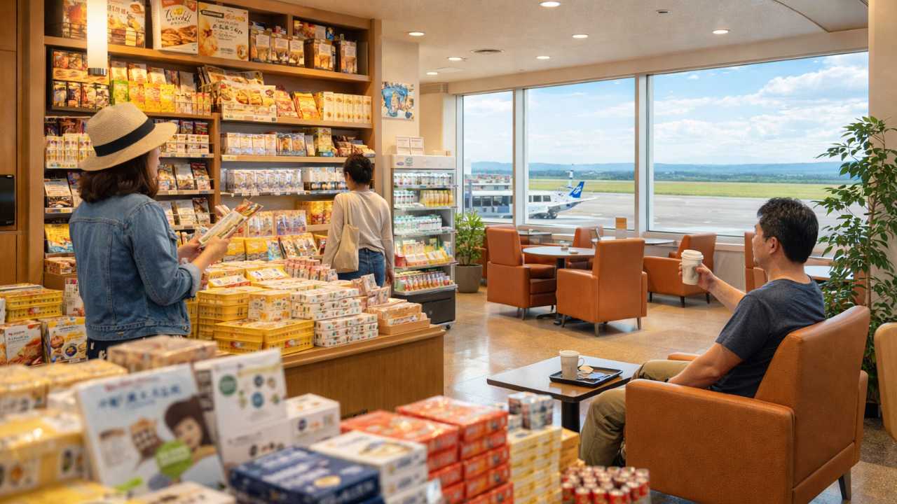帯広空港内でお土産選びや休憩を楽しめる売店エリア