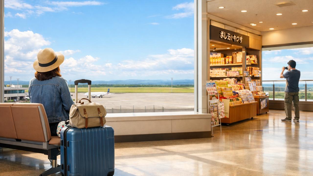 帯広空港で待ち時間を過ごす旅行者をテーマにした横長のアイキャッチ画像