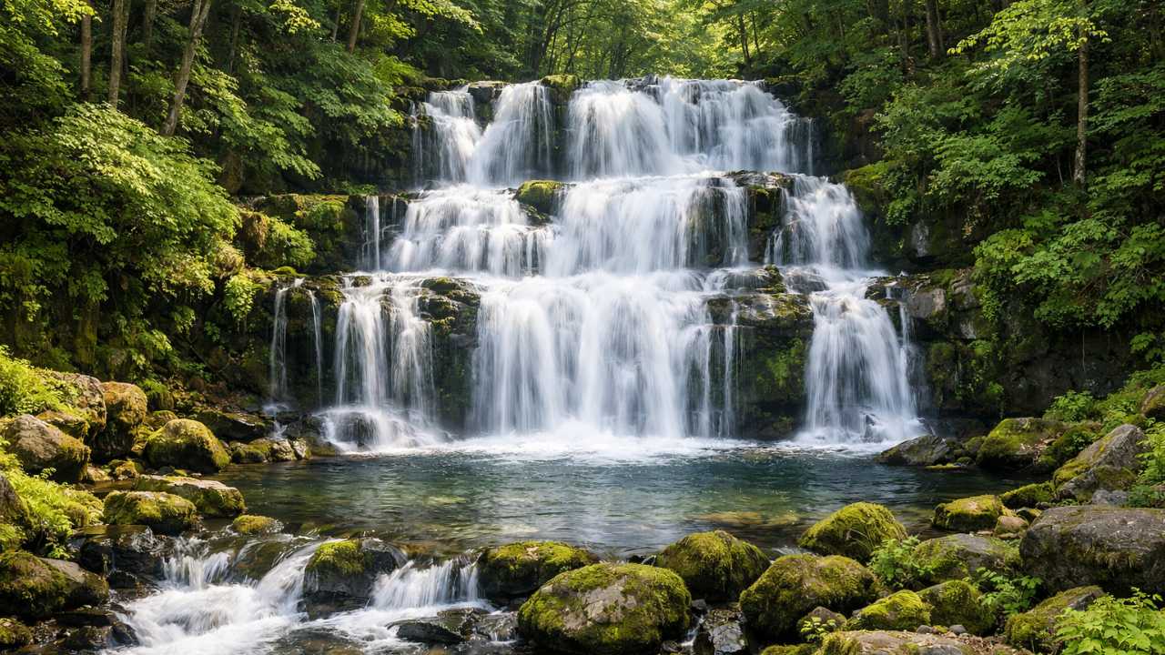 北海道・美瑛の白金不動の滝。段々に流れ落ちる白い水、苔むした岩、深い緑の森、静けさと神聖さを感じる空気感