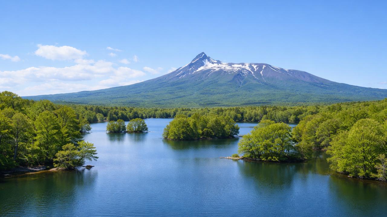 大沼国定公園の湖と駒ヶ岳、北海道らしい雄大な自然