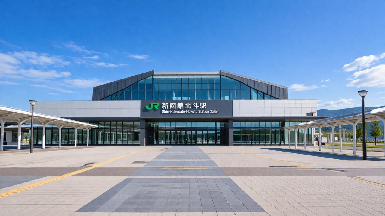 新函館北斗駅の近代的な駅舎を正面から捉えた旅行ブログ用アイキャッチ