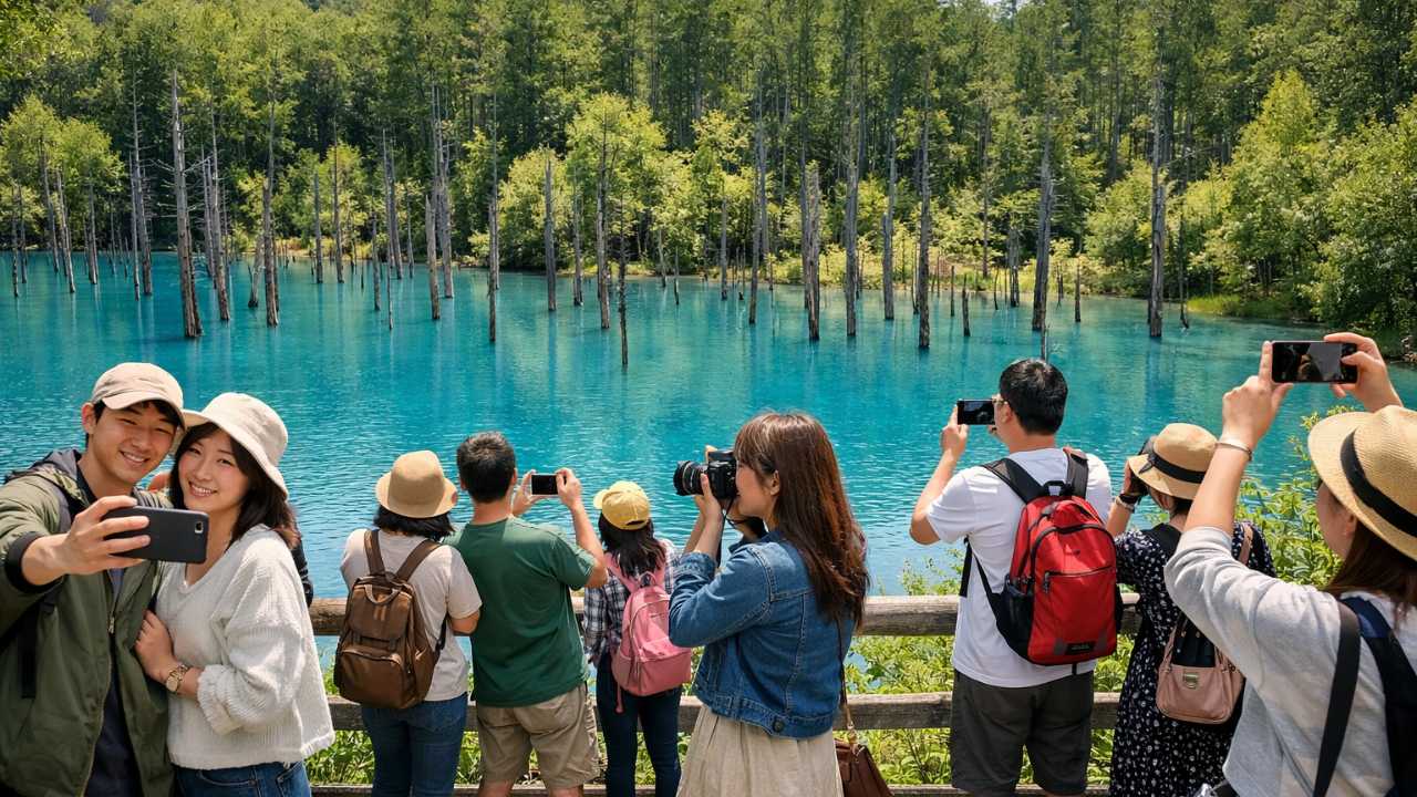 青い池で写真撮影を楽しむ人の様子の画像