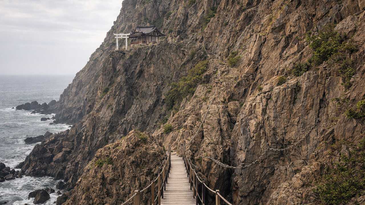 太田神社本殿へ向かう山岳参拝を象徴するビジュアル。細い橋、岩壁、鎖場を遠景