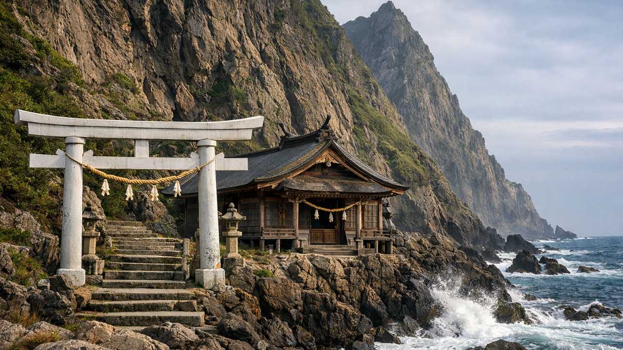 北海道せたな町の太田神社をモチーフにした横長アイキャッチ。白い鳥居と木造の拝殿、背後に切り立つ山肌、日本海沿いの荒々しい自然