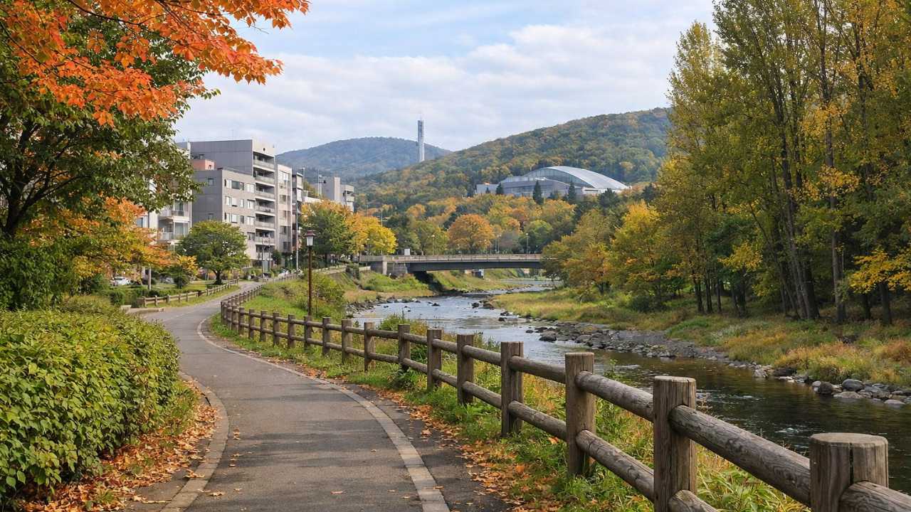 真駒内駅周辺から真駒内公園へ続く落ち着いた街並み 季節感のある木々と散歩道