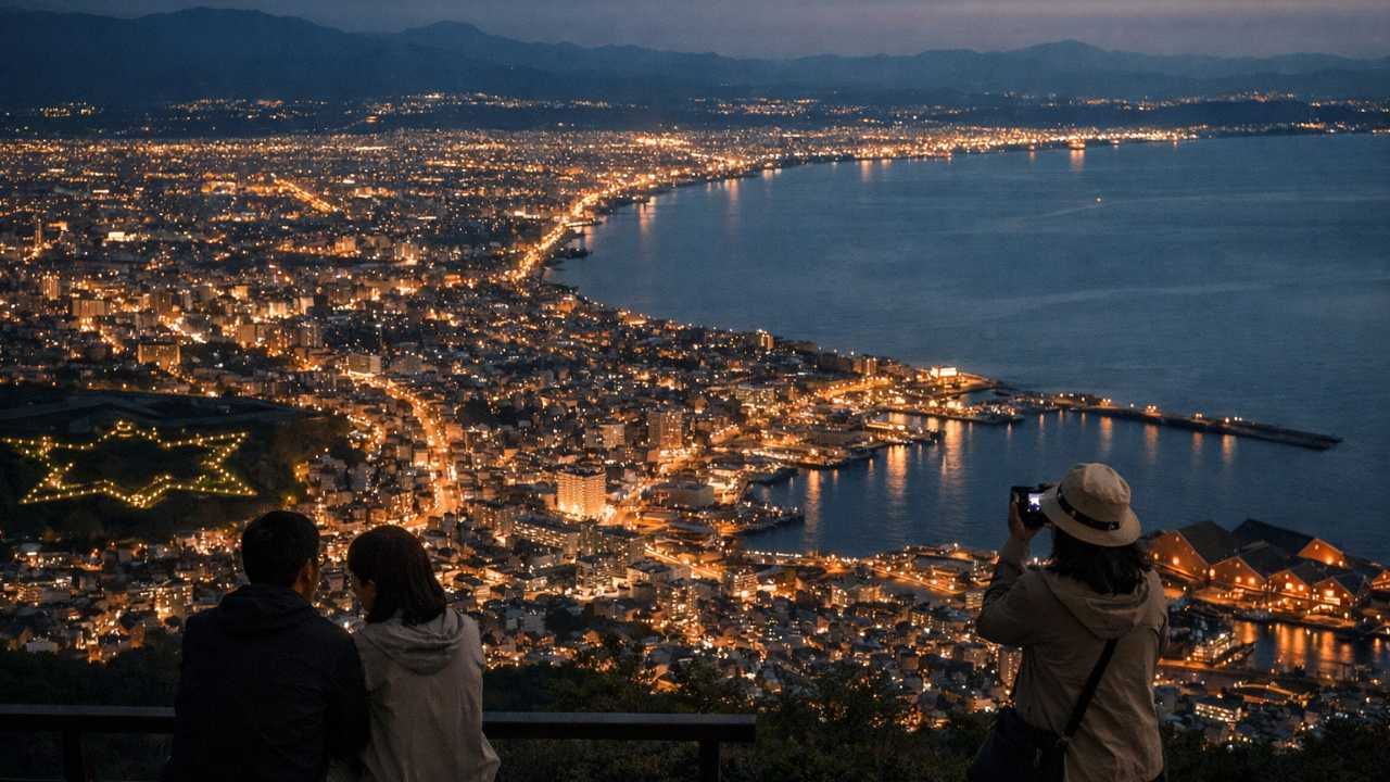 函館山から見下ろす夜景をメインに、遠景に海へ伸びる街明かり