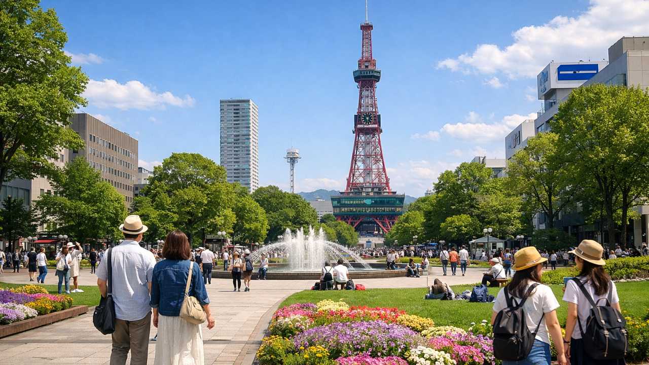 札幌中心部、大通公園とさっぽろテレビ塔が見える広角風景