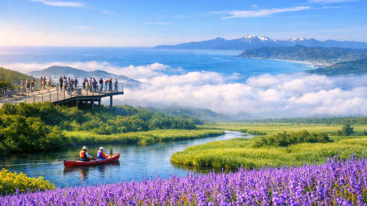 北海道の夏の魅力を一枚で表現した旅行ブログのアイキャッチ。前景に富良野のラベンダー畑、中景に釧路湿原のカヌー、遠景にトマムの雲海テラスと知床の海