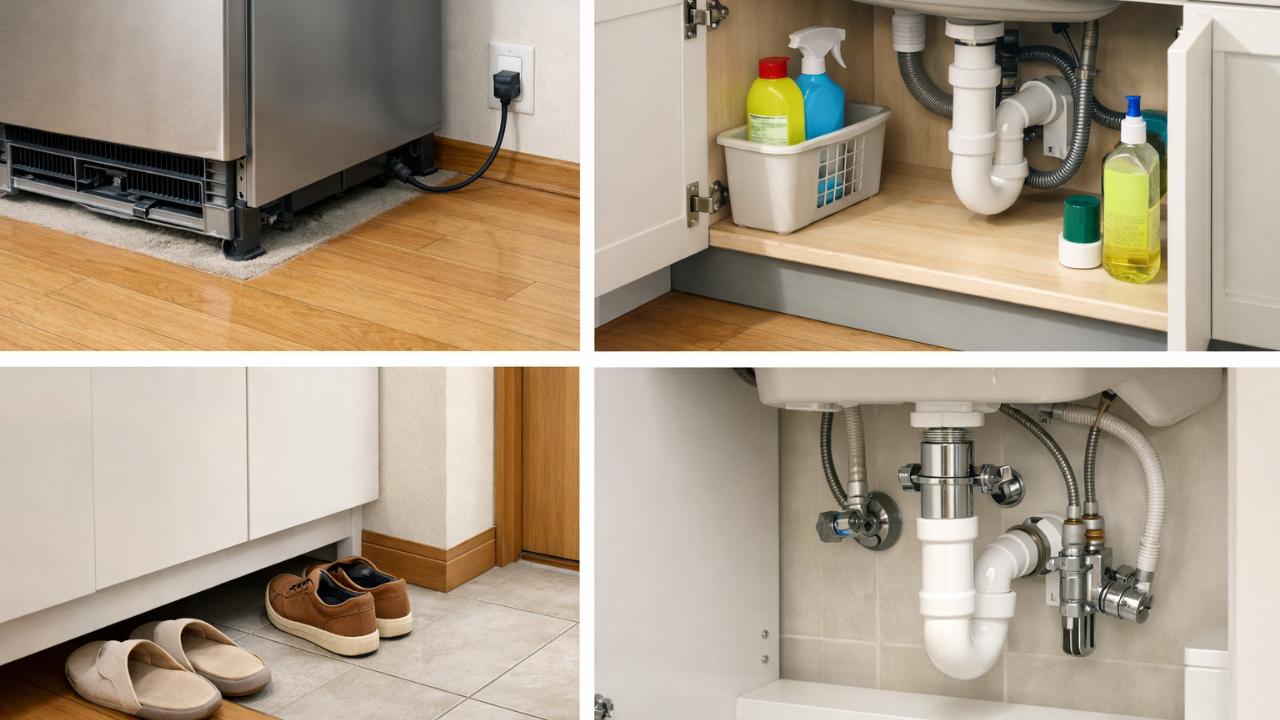 札幌の一般家庭をイメージした清潔なキッチンと洗面所、冷蔵庫の裏・シンク下・玄関下部・配管まわりをさりげなく示す生活情報ブログ用ビジュアル