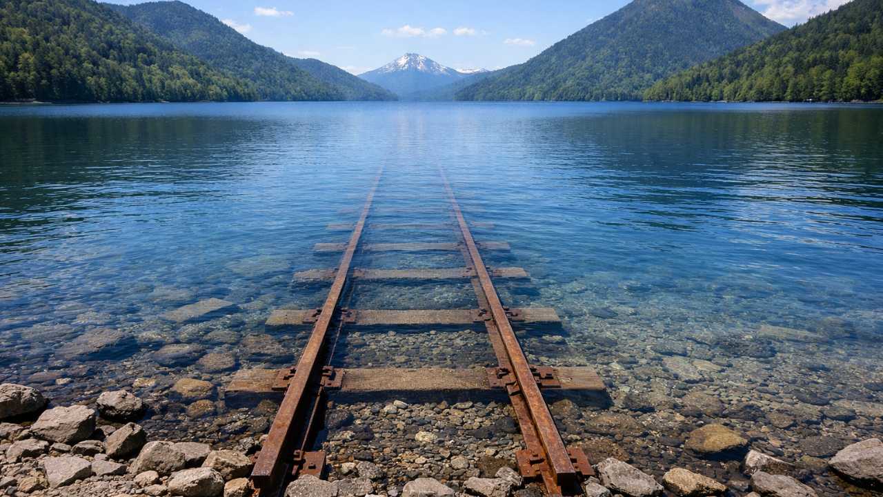 然別湖の湖底線路を正面から捉えた引きの写真