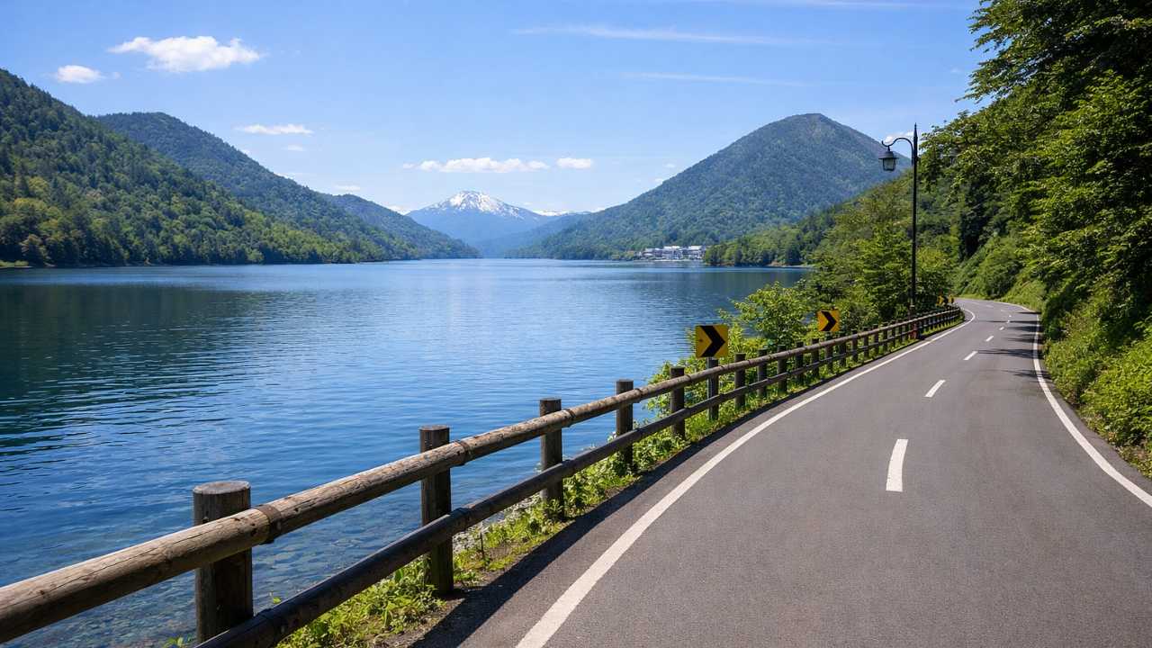 然別湖の湖底線路を正面から捉えた引きの写真