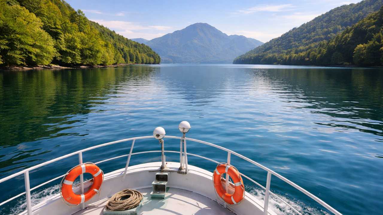 然別湖を巡る遊覧船から見た湖の風景