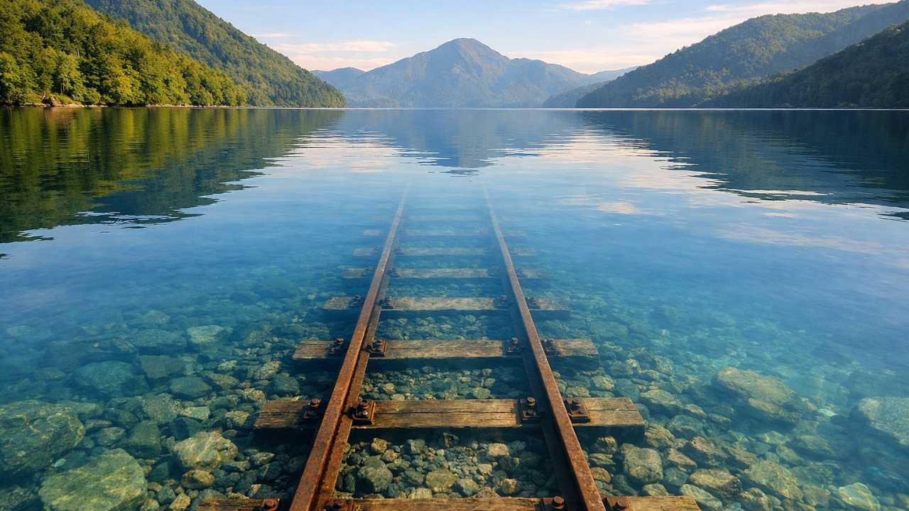 北海道の然別湖にある湖底線路を実写風で描写。透明度の高い湖水の中へまっすぐ沈んでいくレール