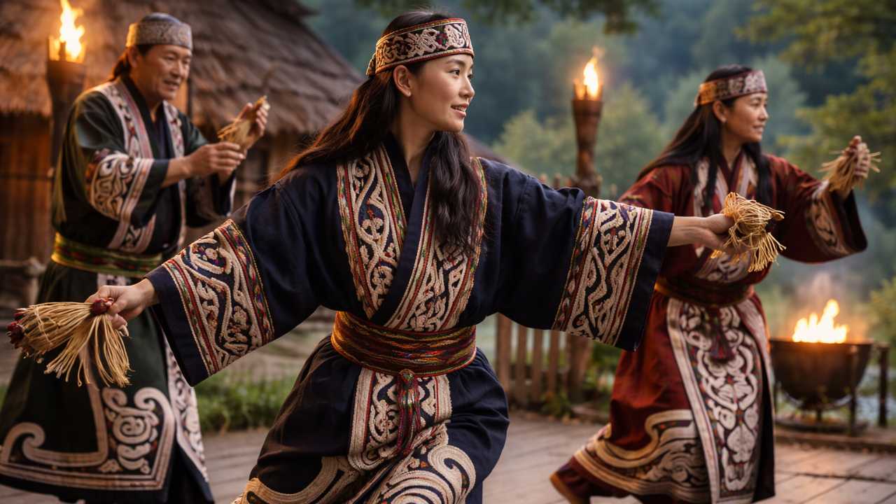 アイヌ古式舞踊を想起させる舞台表現、動きの美しさが伝わる構図