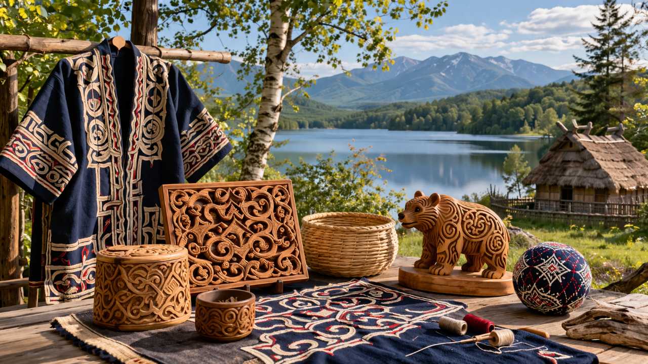 北海道の静かな自然を背景に、アイヌ文様の入った伝統衣装や木彫・刺繍の美しさが伝わる構図