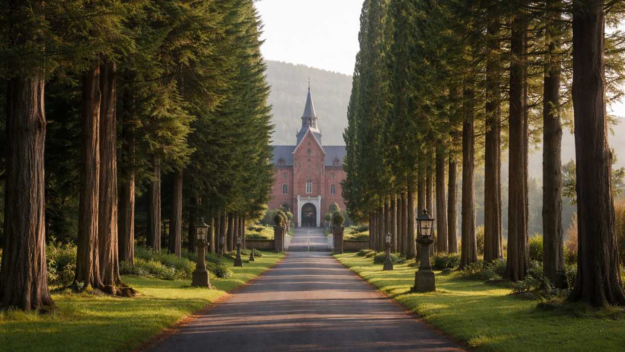 北海道北斗市のトラピスト修道院へ続く杉とポプラの並木道の先に、赤レンガの修道院が静かにたたずむ風景