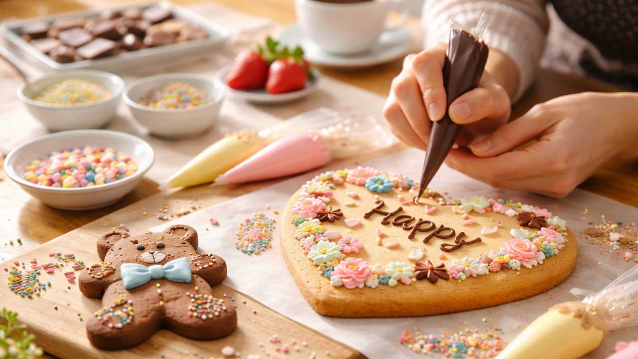 お菓子作り体験を楽しむ手元のイメージ、大きなクッキーにチョコペンでデコレーションする様子