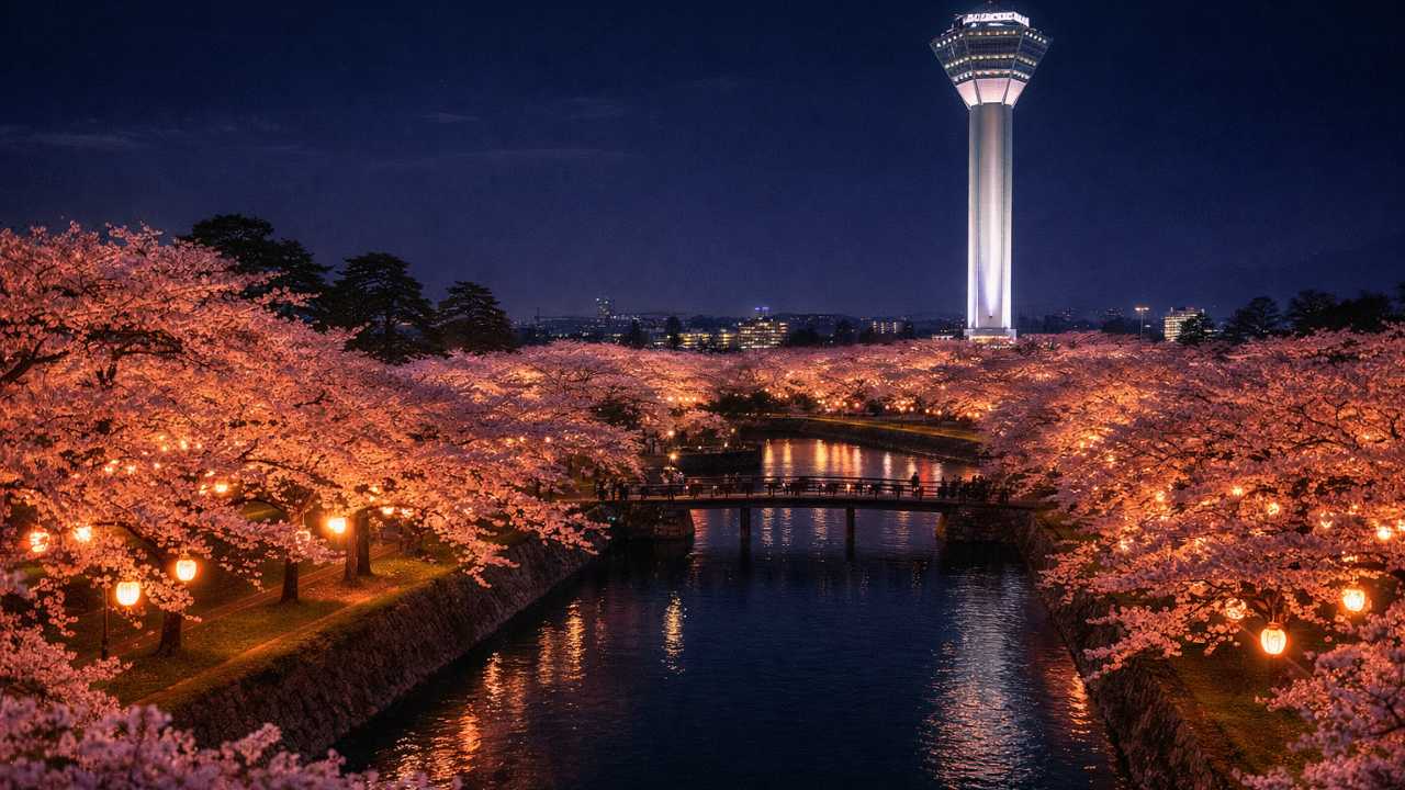 五稜郭公園の夜桜ライトアップと五稜郭タワーを主役にした春の函館の風景