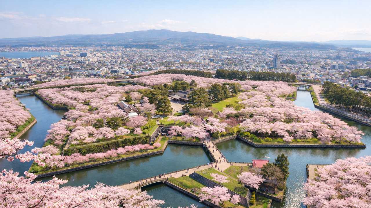 春の函館、満開の五稜郭公園を高所から見下ろした風景