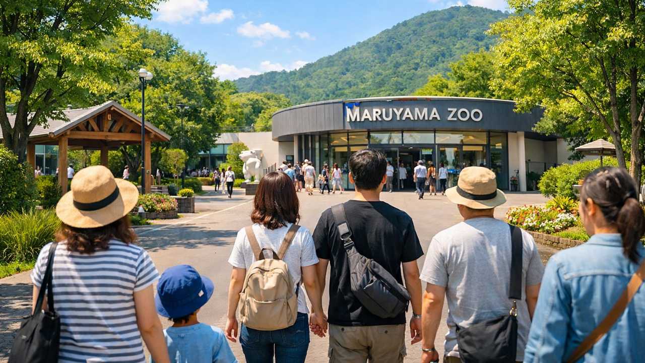 北海道札幌市の円山動物園をテーマにしたブログ用アイキャッチ、晴れた日の自然豊かな園内、動物園の入口と緑、遠景に来園者の自然な後ろ姿