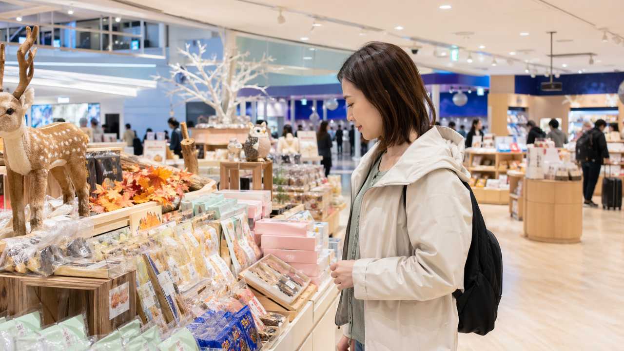 新千歳空港の国内線ターミナルで土産店を見て回る旅行者