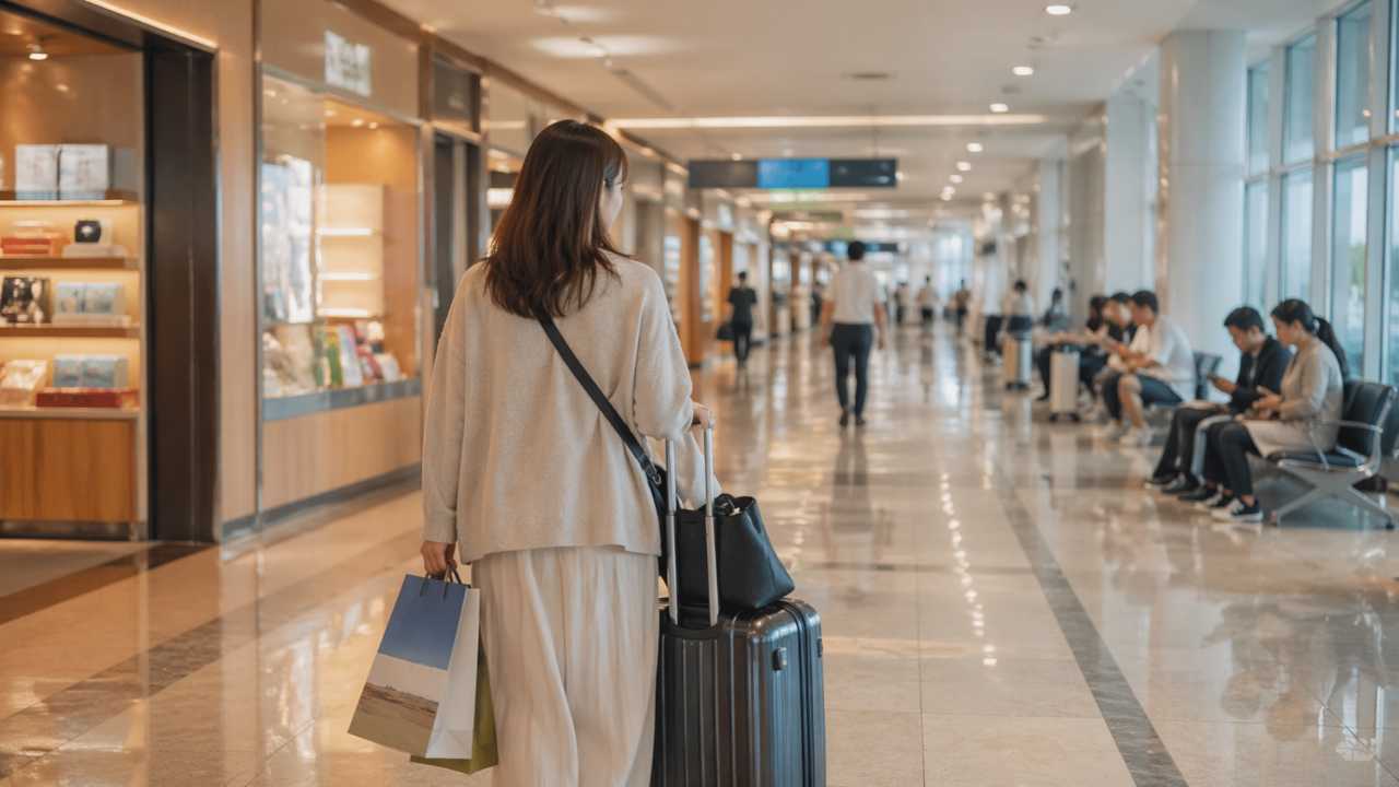北海道旅行の帰路を感じる空港内の通路と土産袋、旅の余韻が伝わる落ち着いた実写風