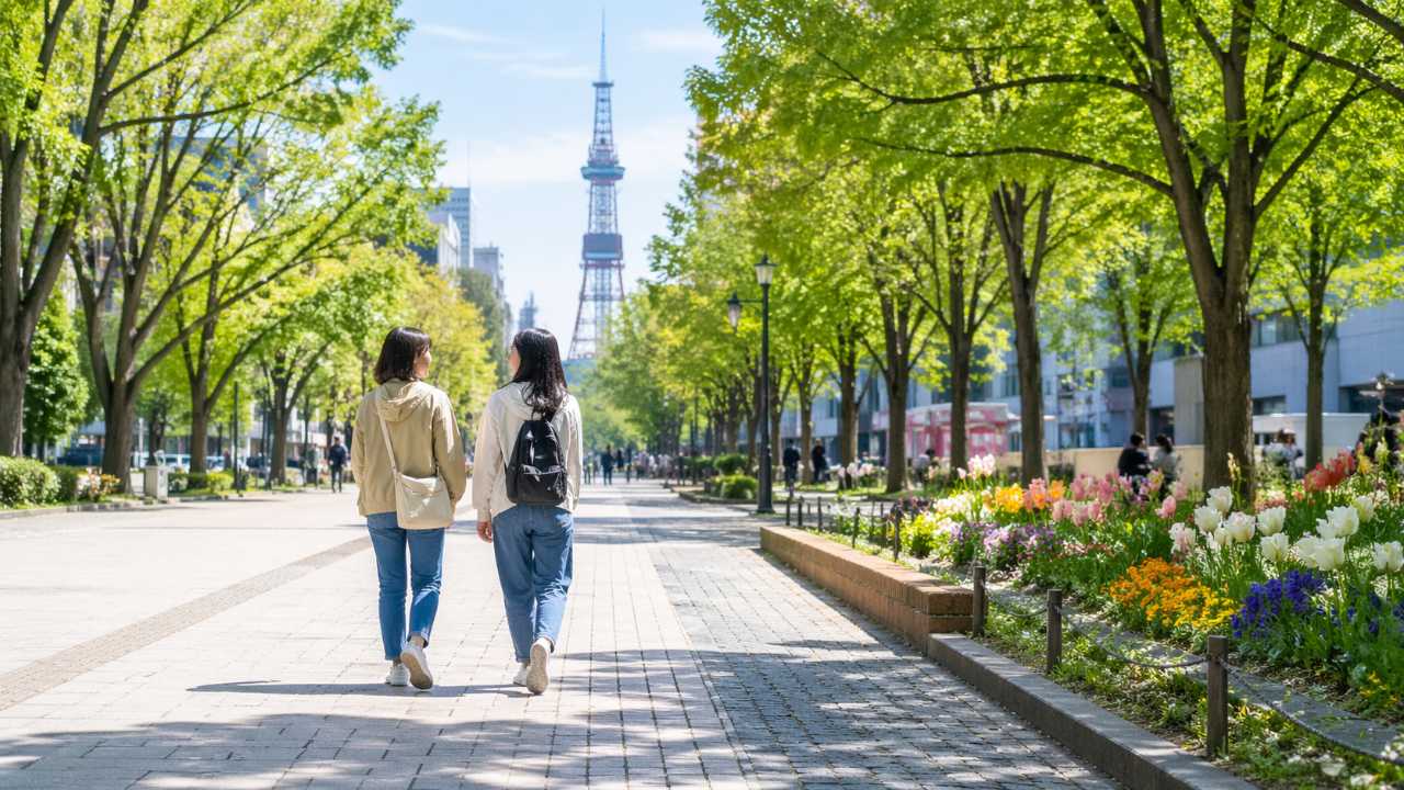 札幌の5月の街歩きシーン、薄手ジャケットとスニーカーを合わせた旅行者、大通公園のような広い並木道