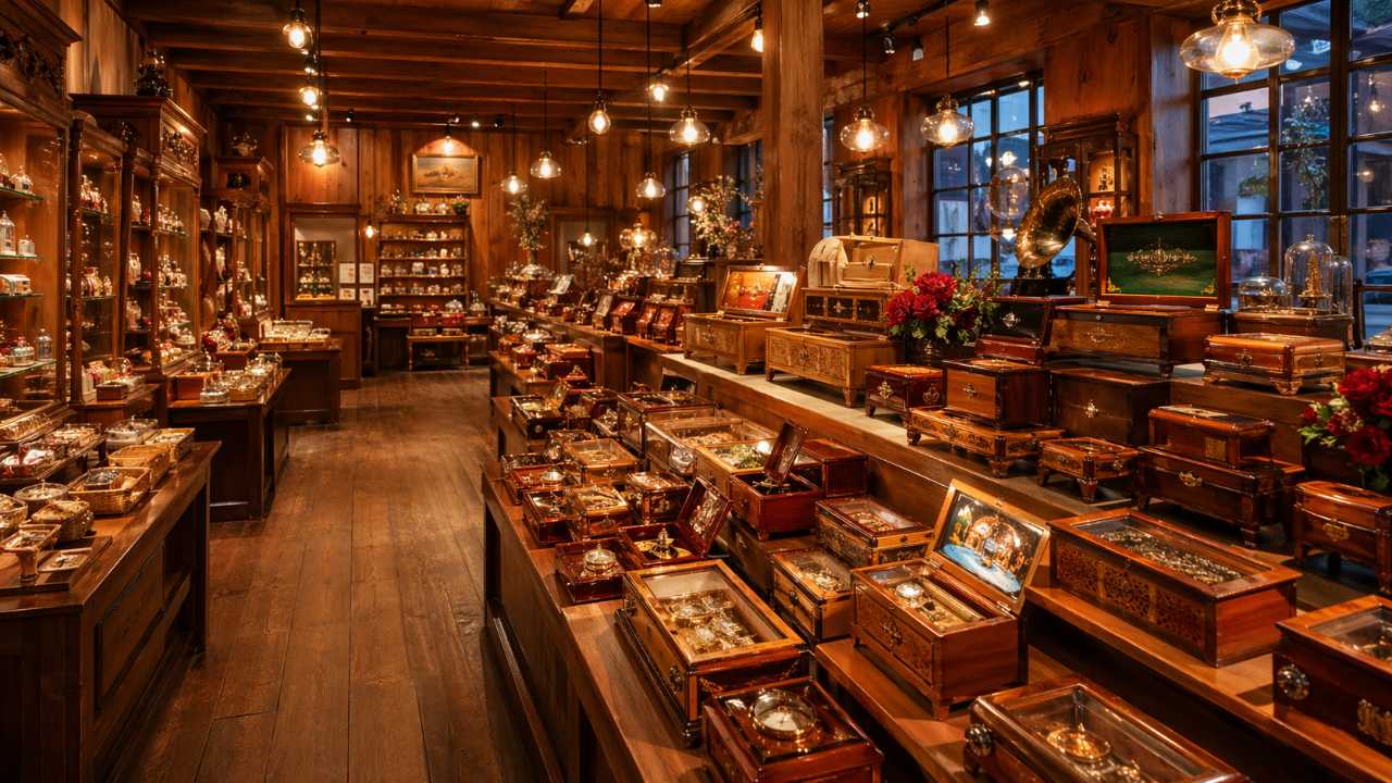 小樽オルゴール店の店内に並ぶ美しいオルゴール