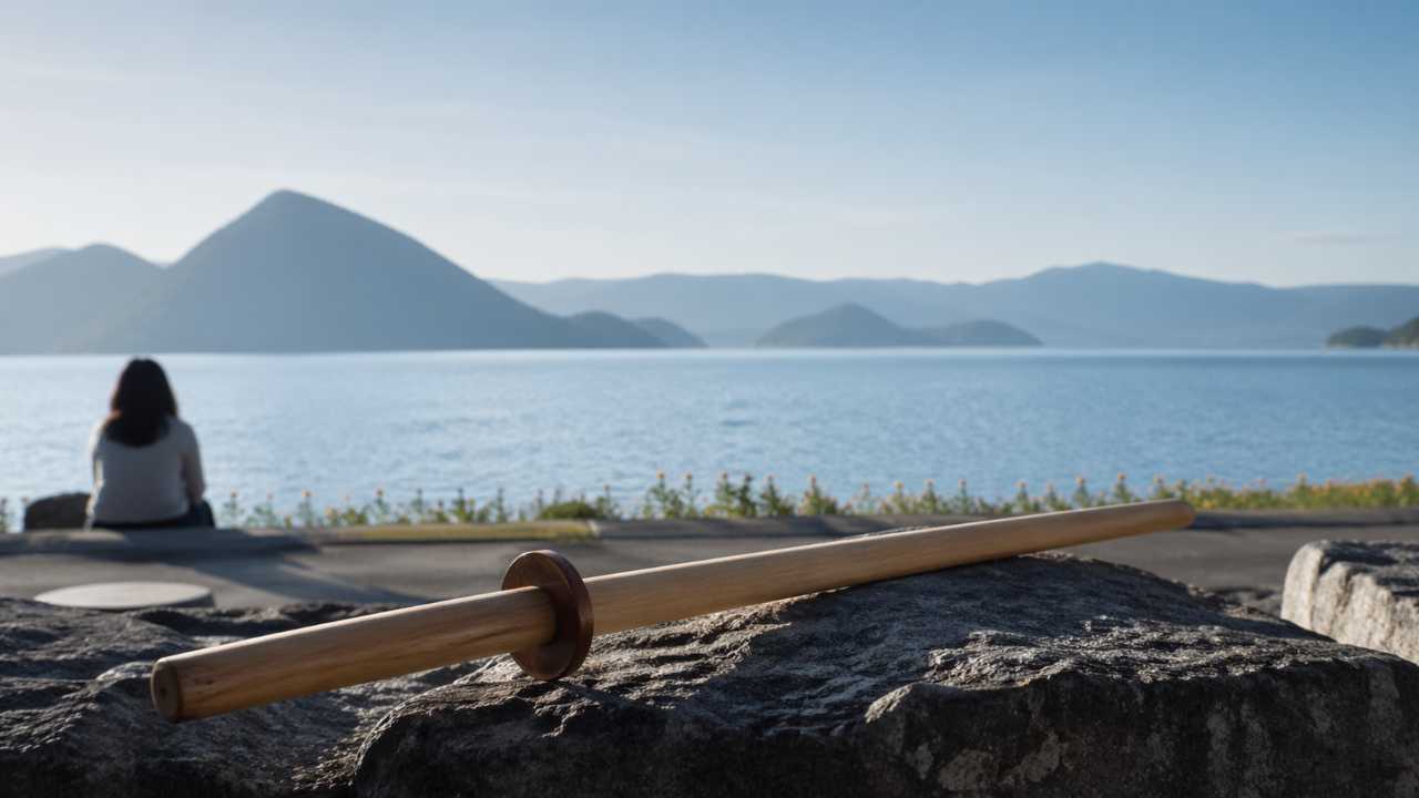 北海道の洞爺湖温泉街を背景に、木製の木刀が自然に旅の記念品として置かれている実写風の写真