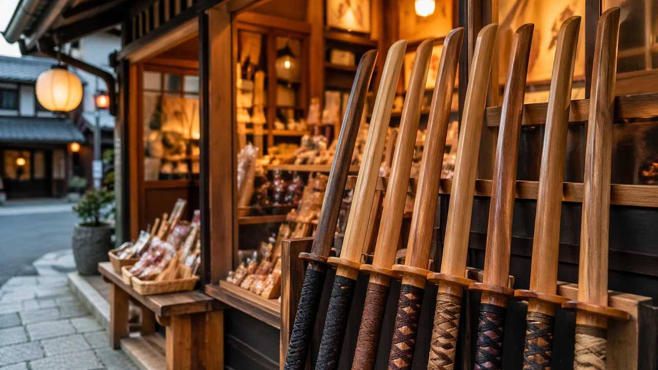温泉街の土産店の店頭に並ぶ木刀の実写風クローズアップ