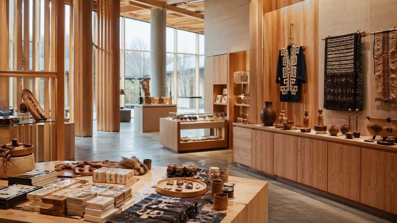 白老の文化施設を思わせる現代的で木の温もりある空間に、北海道土産や小物が並ぶ実写風カット