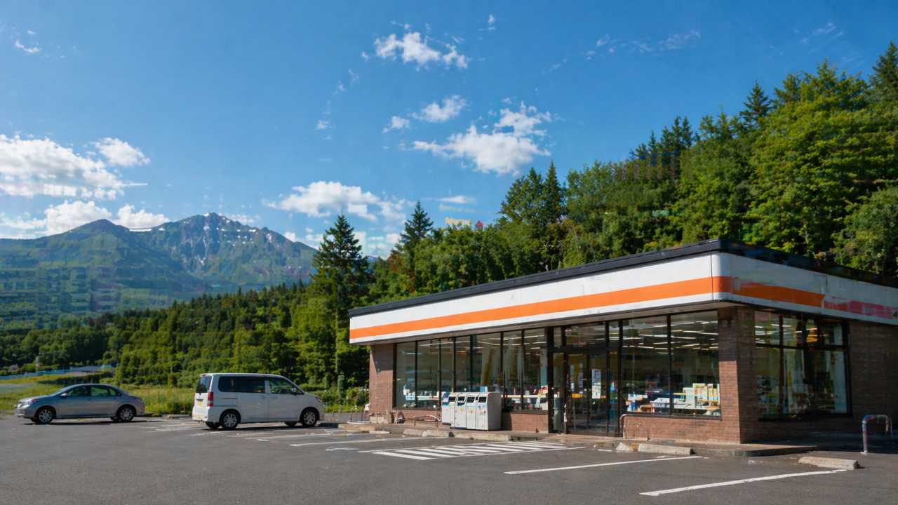 北海道のセイコーマート風コンビニ外観を遠景で捉えた実写風写真
