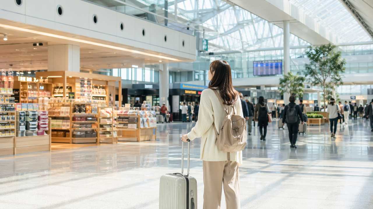 新千歳空港の明るい国内線ターミナルを背景に、北海道旅行の出発前らしい空気感が伝わる実写風のアイキャッチ画像