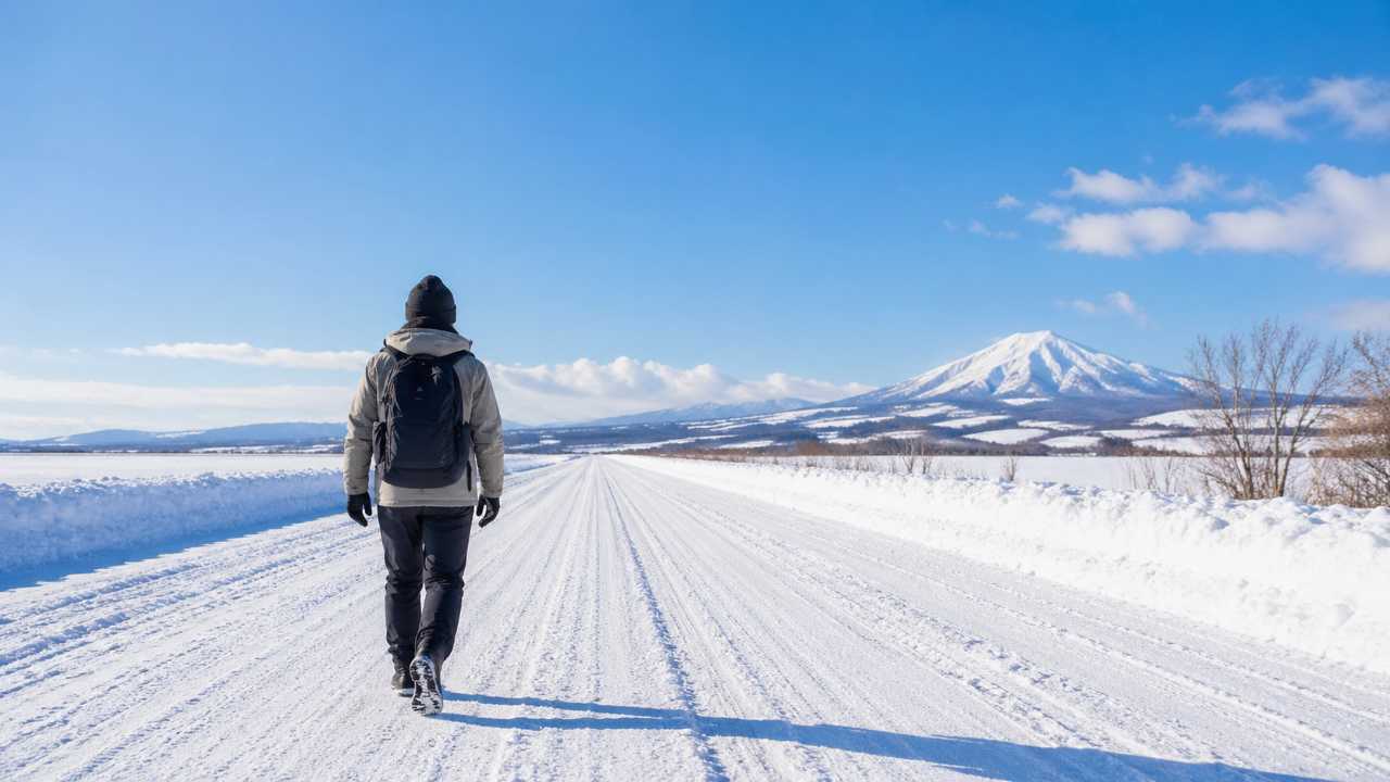 北海道の雪道と青空を背景に、前向きに歩く人の後ろ姿を写した実写風画像。