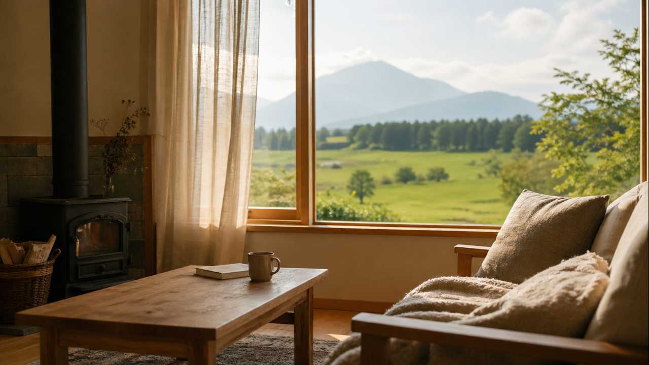北海道の落ち着いた室内と窓の外に広がるやわらかな自然風景