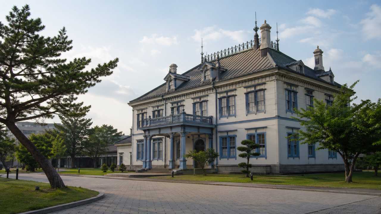 北海道の文化施設や歴史的建物をイメージした落ち着いた外観写真風の画像。方言や地域文化