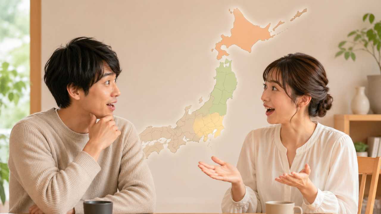 日本地図を背景に、北海道・東北・関東あたりがやわらかく強調され、手前に会話をしている日本人の男女がいる。少し驚いた表情と親しみのある雰囲気