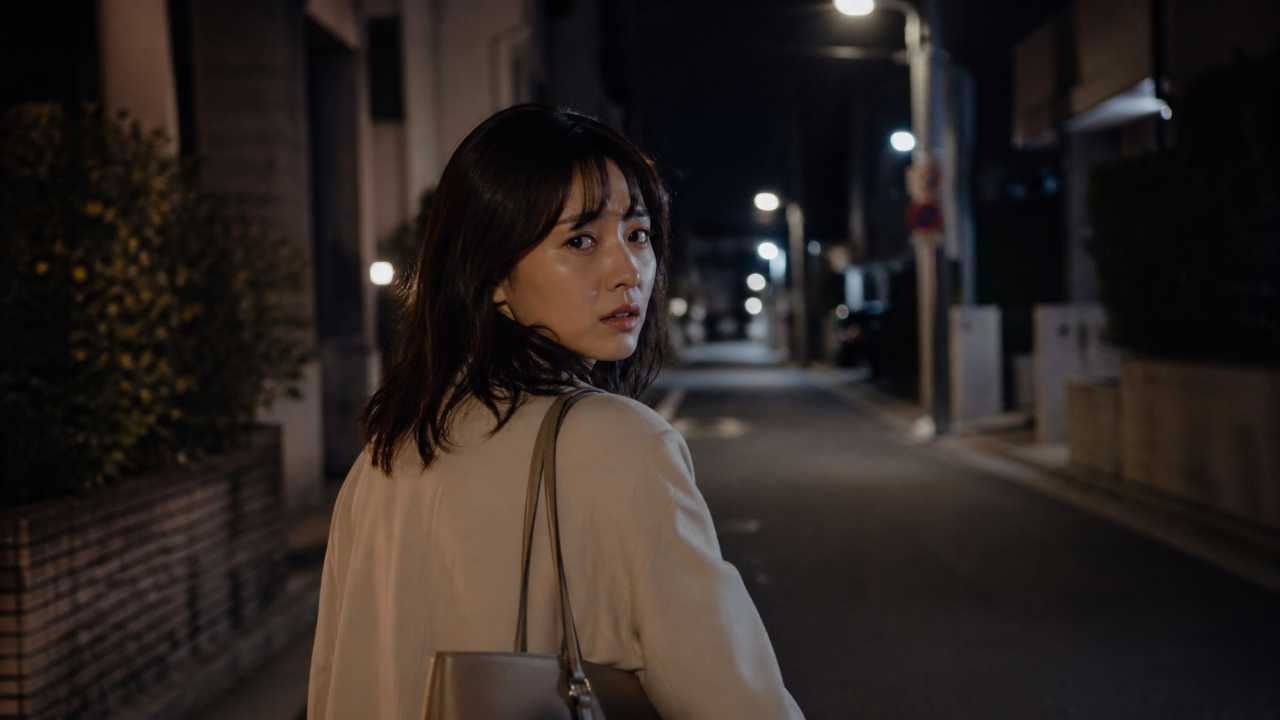 夜道を歩く人物が少し不安そうに振り返るシーン。怖すぎない雰囲気で、おっかないという言葉の意味が伝わる写真