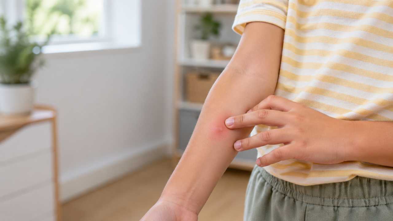 夏の室内で腕の虫刺されを気にしている子どもの手元、かゆみを我慢している自然な様子