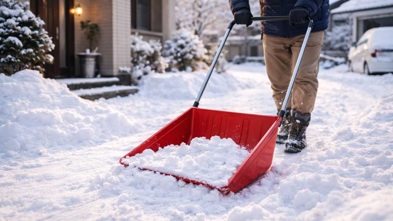 日本の雪国の玄関前でママさんダンプを使って通路の雪を押して運ぶ様子