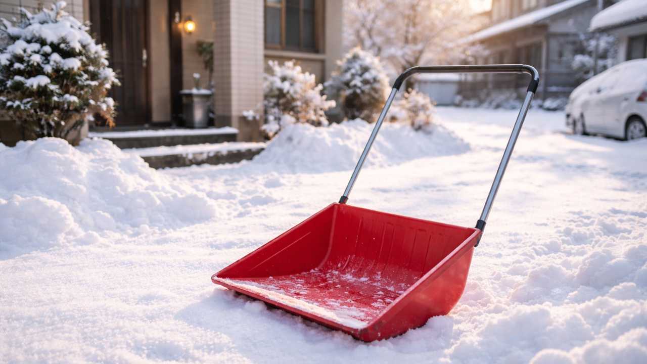 雪国の朝、住宅前の新雪の上に赤いママさんダンプが自然に置かれている情景