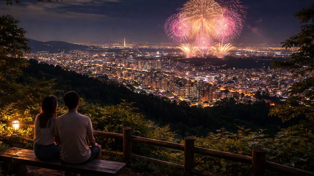 札幌の高台から夜景越しに遠くの花火の光を眺める風景、天神山緑地や旭山記念公園を連想させる構図