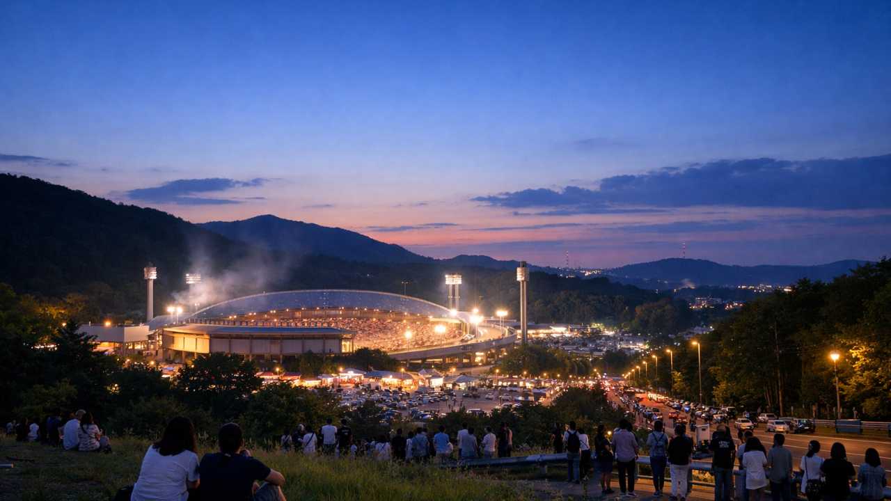 北海道の夏の夕暮れ、真駒内エリアの屋外スタジアム周辺を遠景で捉えた実写風写真