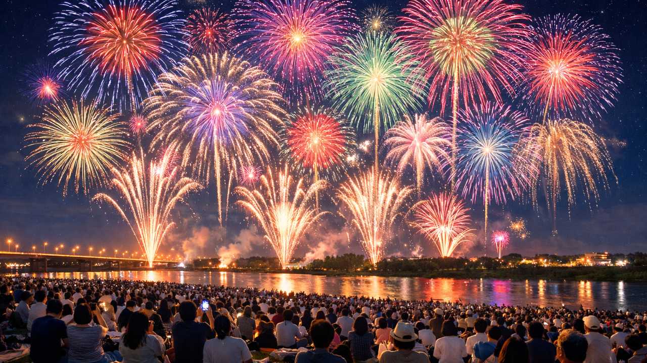 北海道帯広の大規模花火大会をイメージしたブログ用アイキャッチ、十勝川河川敷の夜景